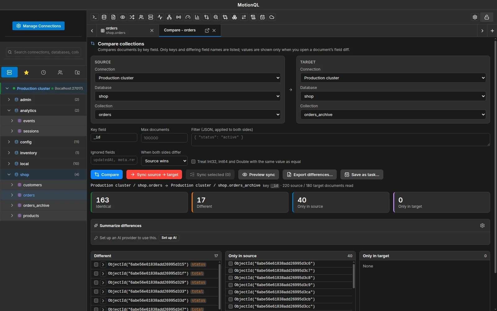 MotionQL Data Compare & Sync showing documents only in source, only in target and changed