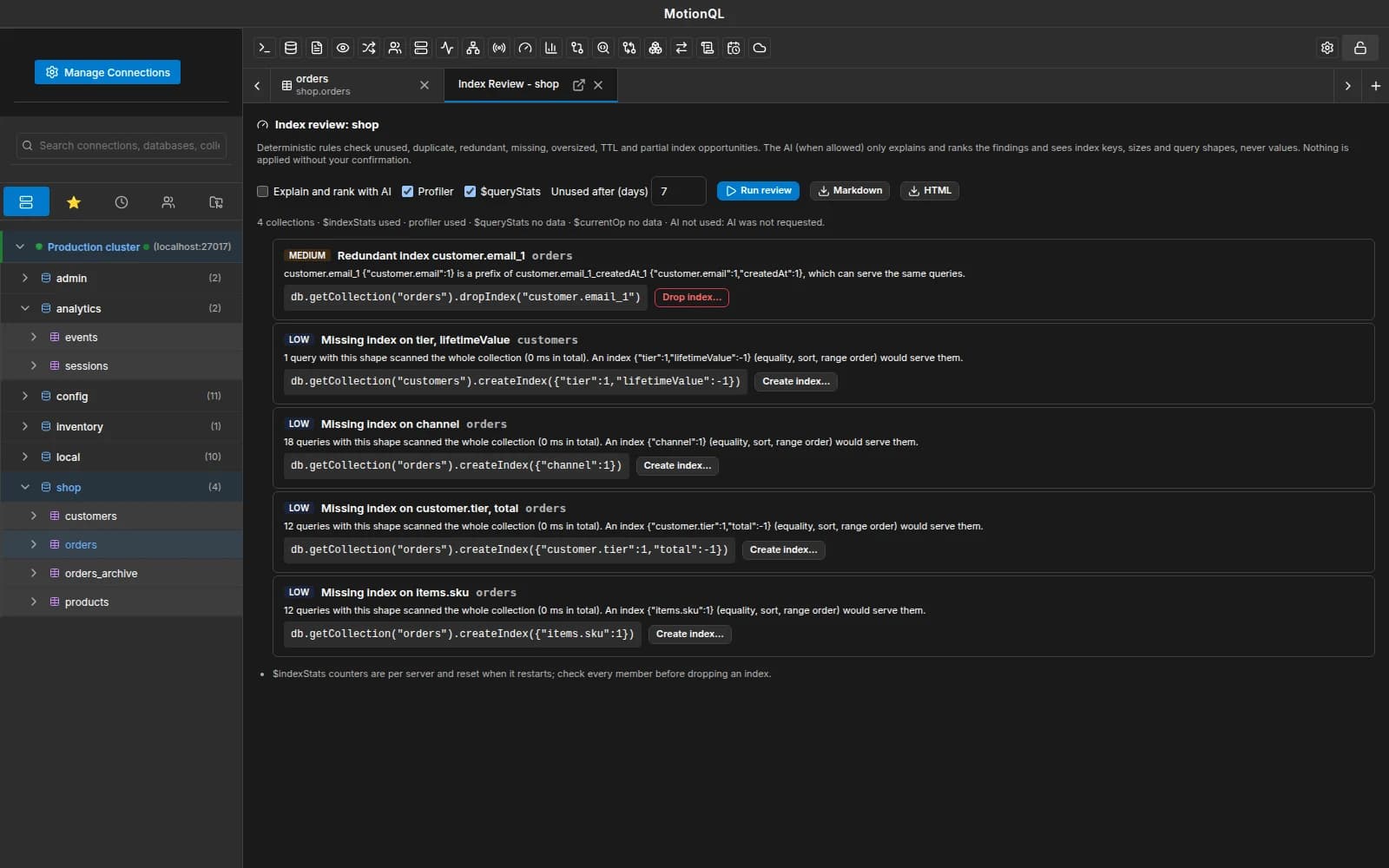MotionQL Index Review with findings for a collection's indexes